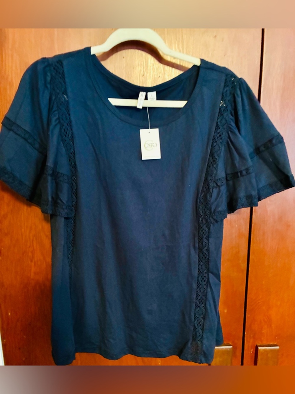 Cato Navy Lace-Trim Flutter Sleeve Blouse